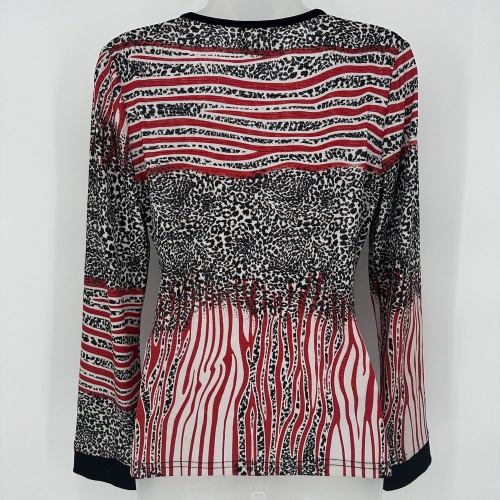 Joseph Ribkoff Women's Sz 8 V-Neck Faux Wrap Top Metallic Threading Animal Print - Picture 2 of 7